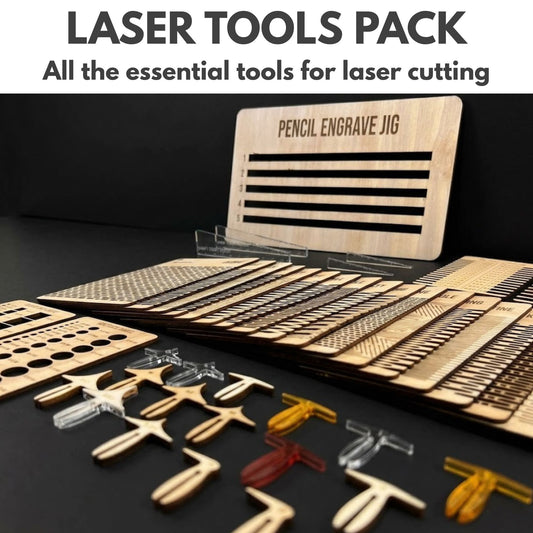 Laser Tools Pack showing laser cut wooden templates and jig tools arranged on a flat surface for crafting projects