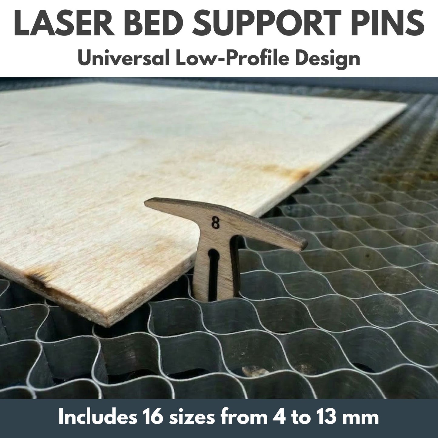 Laser Tools Pack showing low-profile laser bed support pins holding a wooden sheet on metal honeycomb bed with size markings