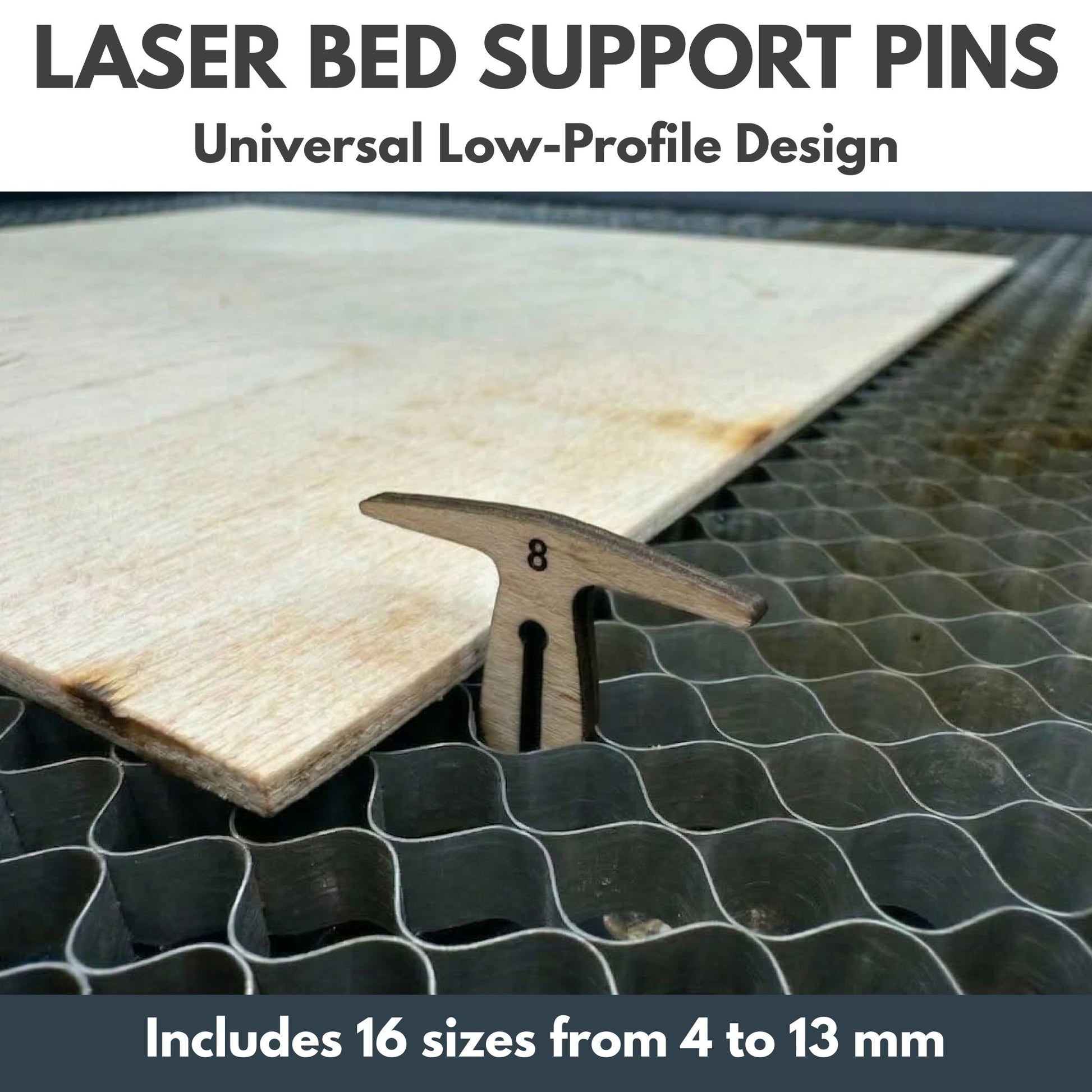Laser Tools Pack showing low-profile laser bed support pins holding a wooden sheet on metal honeycomb bed with size markings