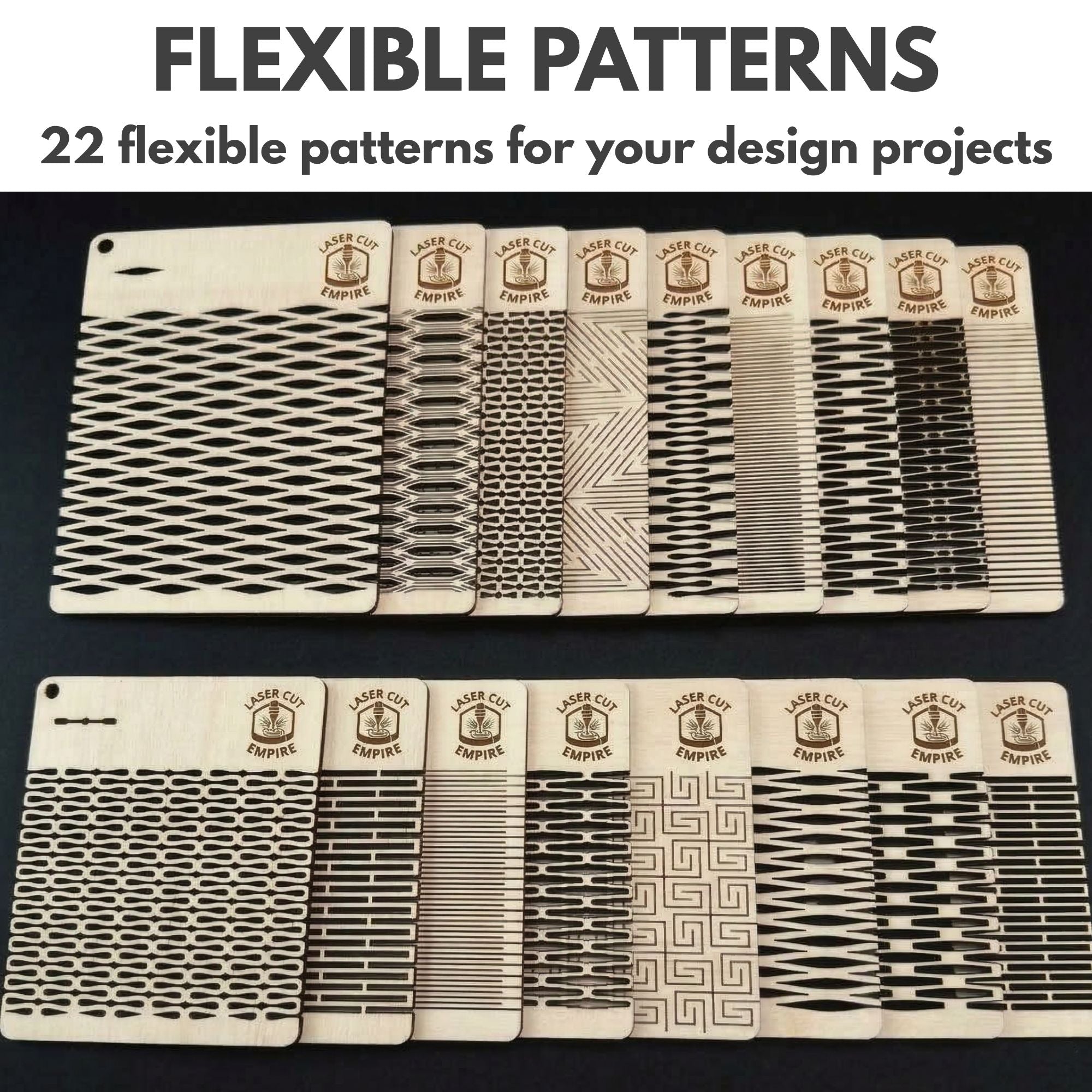 Laser Tools Pack showing wooden templates with 22 flexible laser cut patterns for design projects from Laser Cut Empire.
