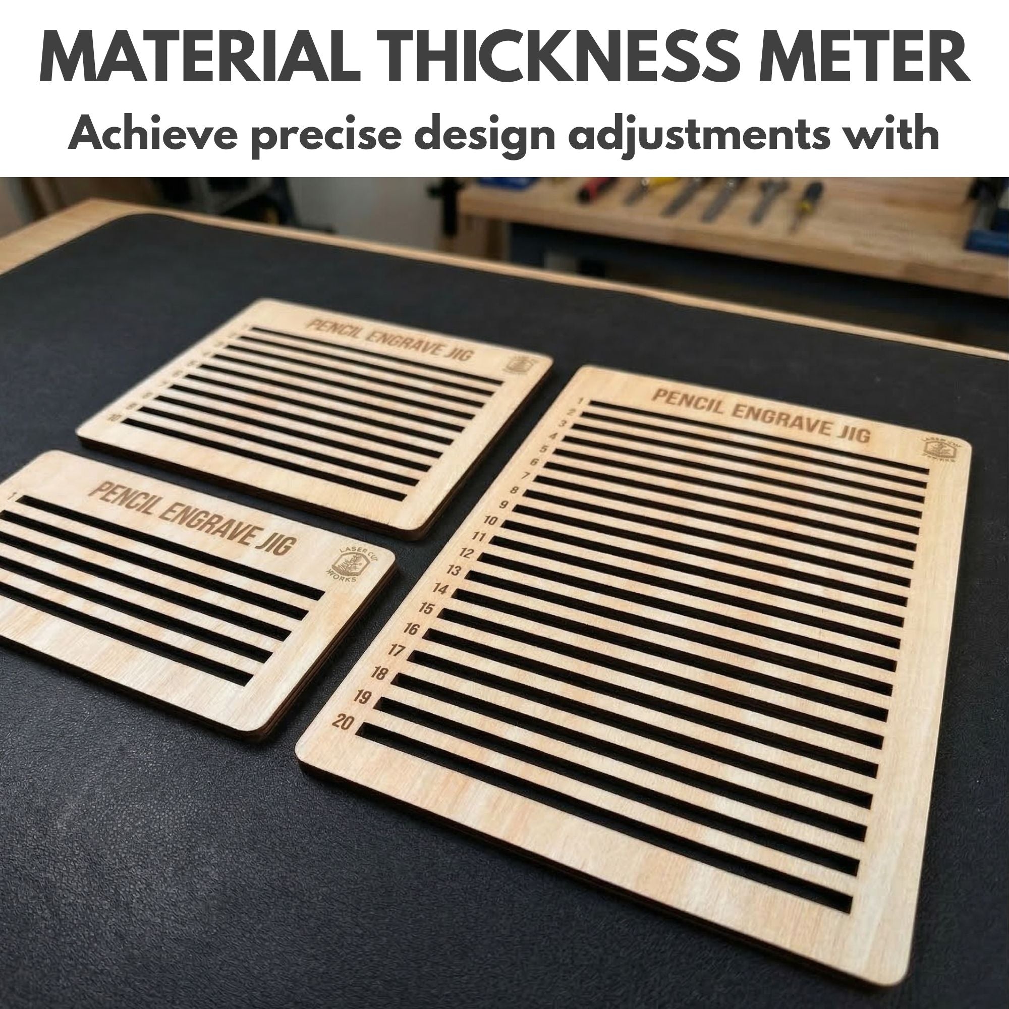 Wooden material thickness meters with engraved measurement slots included in Laser Tools Pack for precise design adjustments