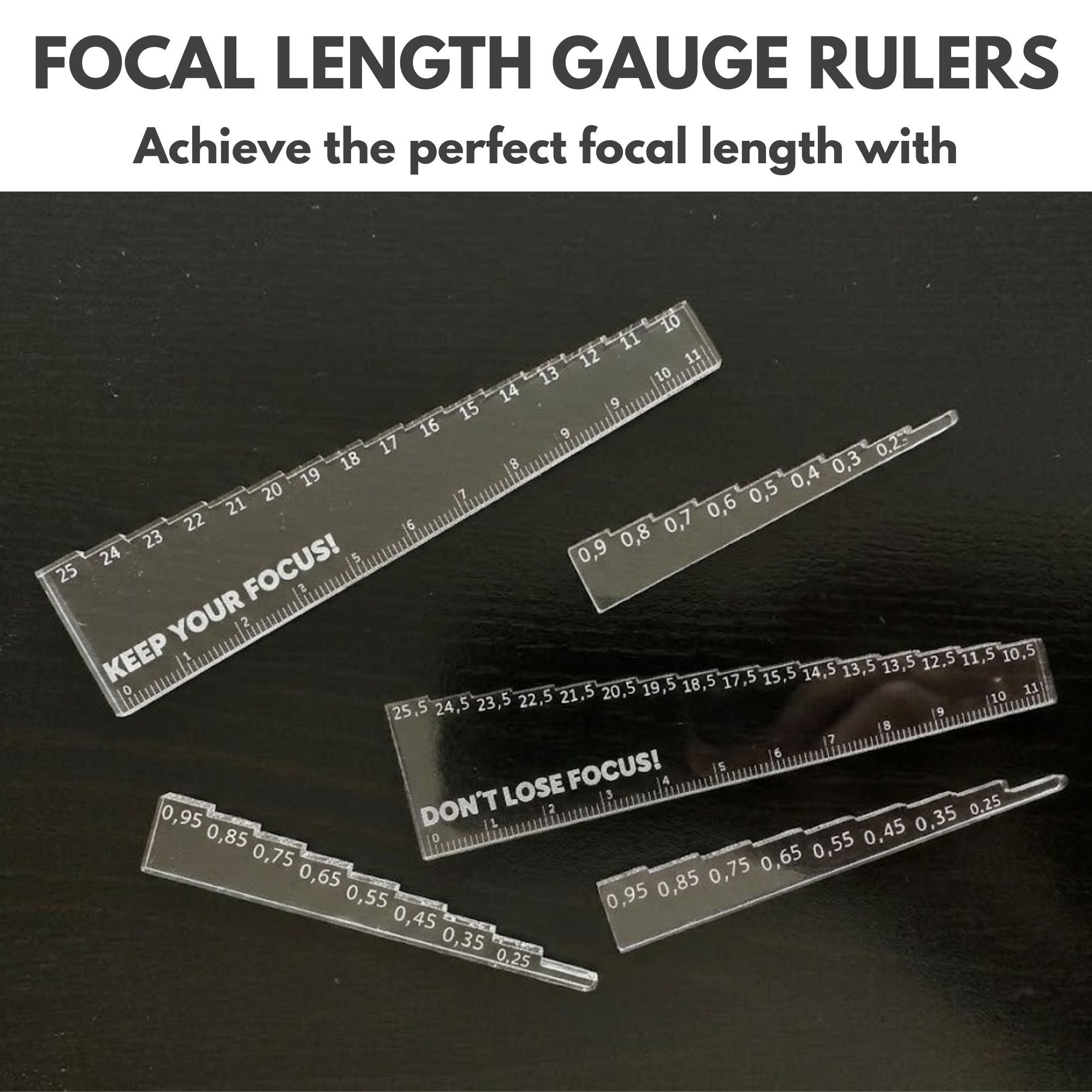 Set of clear focal length gauge rulers for precise measurement in the Laser Tools Pack to achieve perfect laser cut focus.
