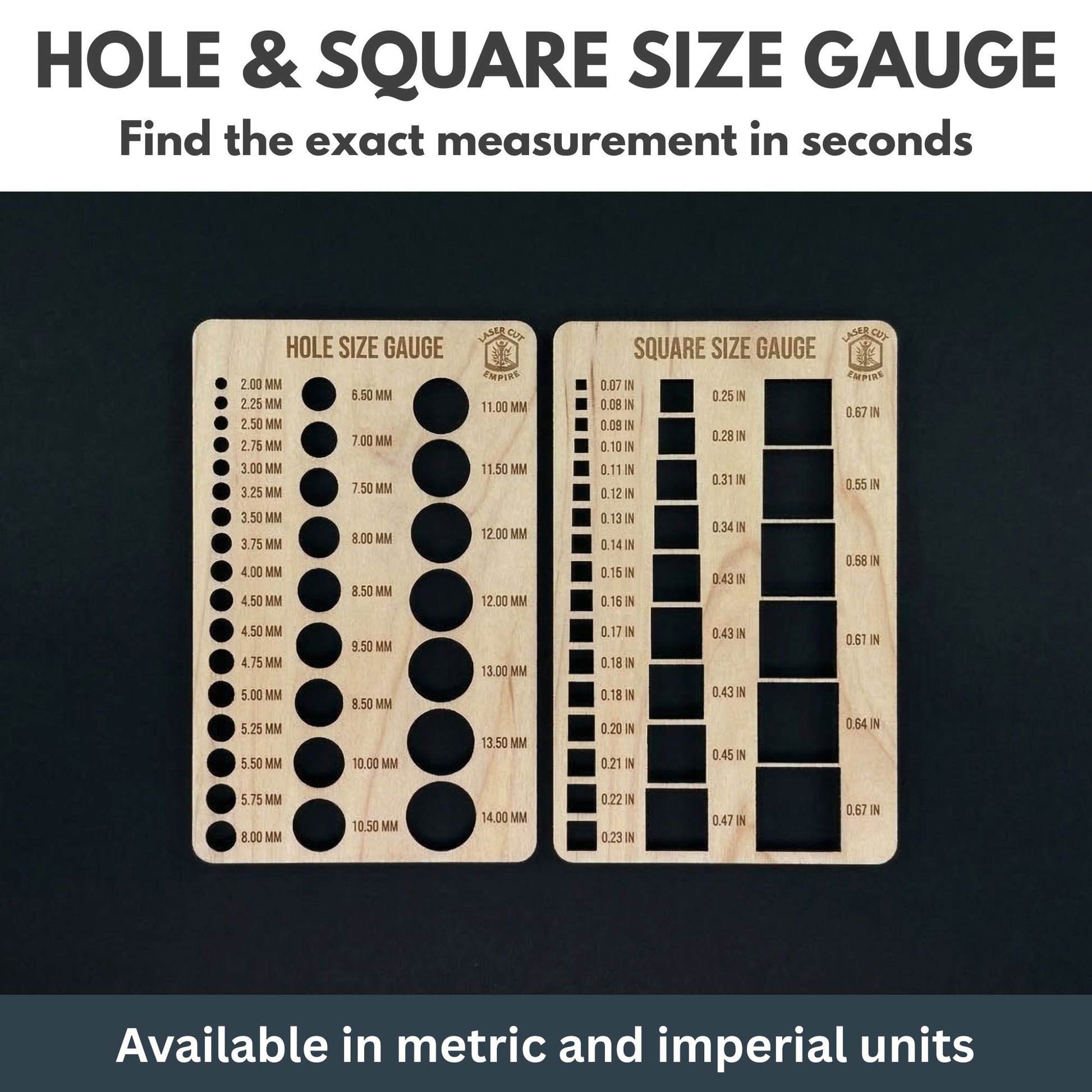 Hole and square size gauges in metric and imperial units included in the Laser Tools Pack for precise measurements.