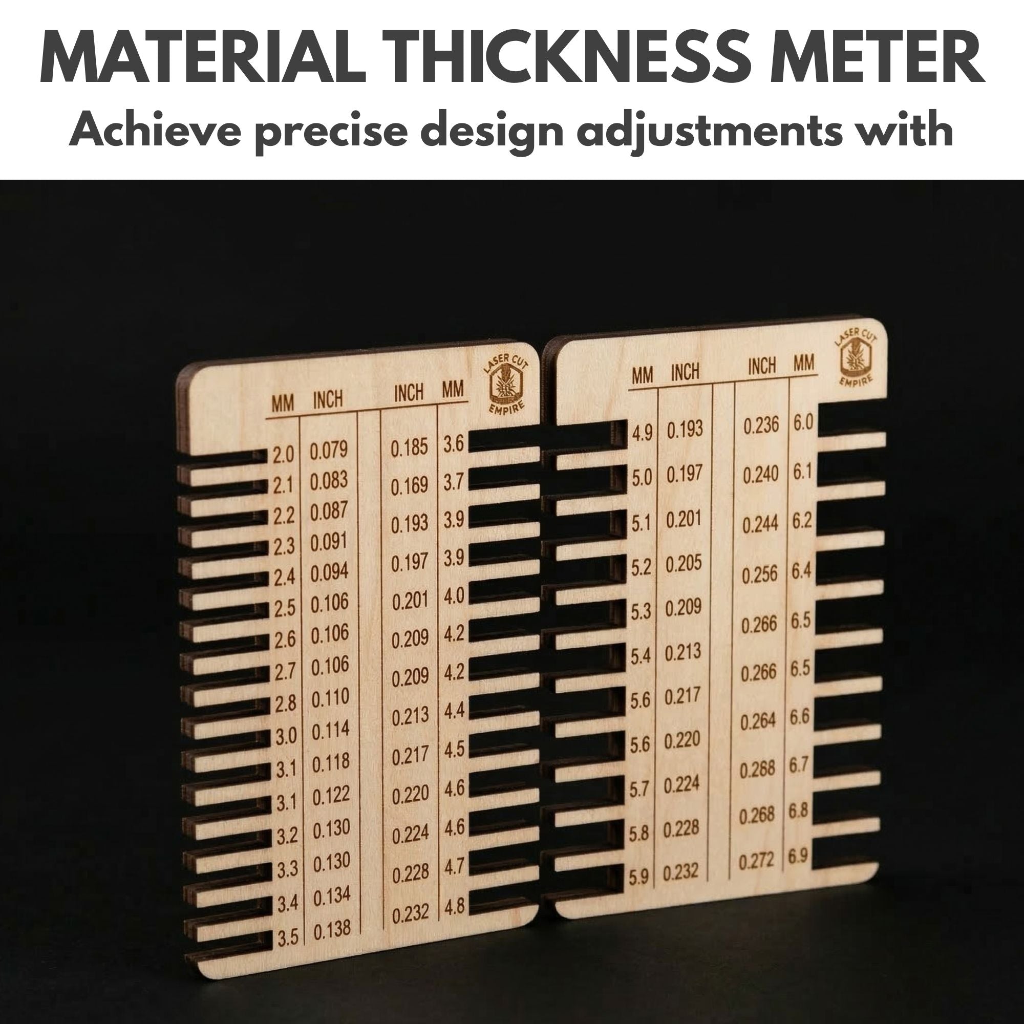 Laser Tools Pack material thickness meter showing precise measurement slots in millimeters and inches for design accuracy