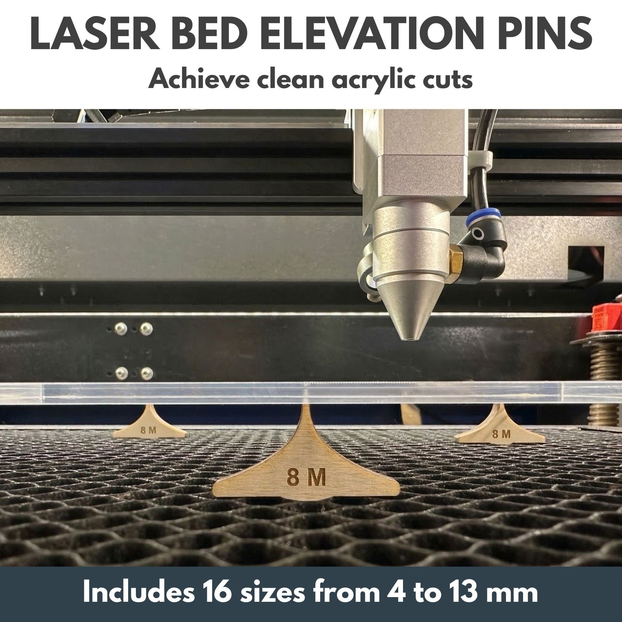 Close-up of laser cutting machine with acrylic supported by wooden laser bed elevation pins for Laser Tools Pack