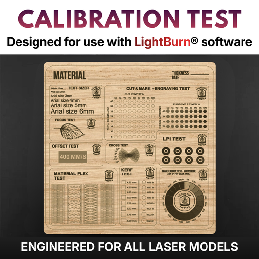 Wooden calibration test board with multiple laser cut and engraved test patterns for Laser Calibration Pack and LightBurn software use