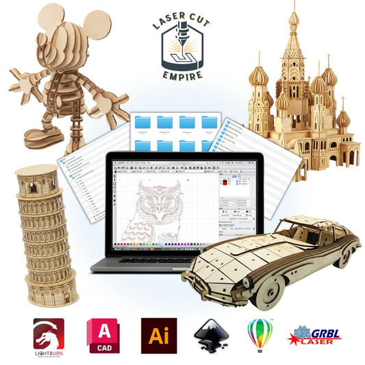 Various intricate wooden models and a digital design screen showcasing Laser Cut Bundle laser cut tools and templates
