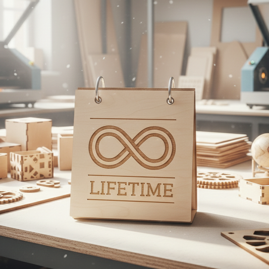 Wooden calendar block with infinity symbol and lifetime text representing the concept of Lifetime Updates Upgrade